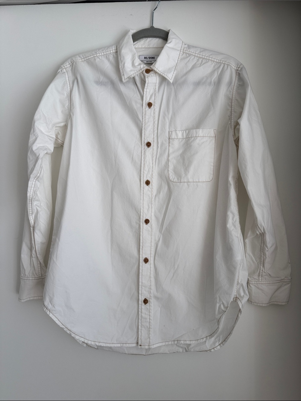 Re/Done White Button-Down Shirt with Brown Contrast Stitching